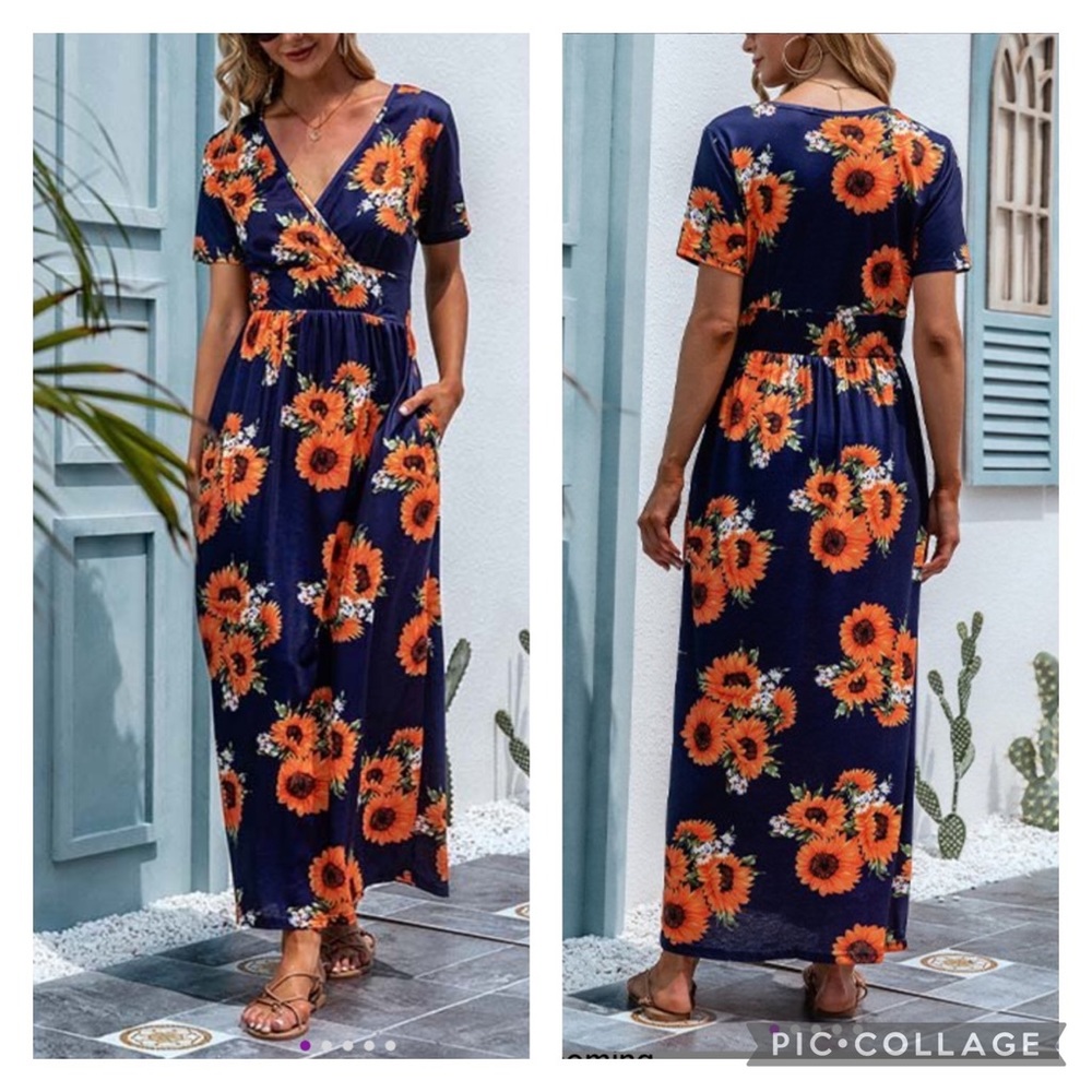 Navy Floral Surplice Maxi Dress with Pockets